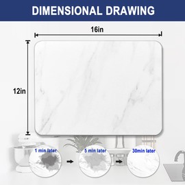 MARIWEI Stone Dish Drying Mat for Kitchen Counter, Fast Dry, Eco-Friendly Diatomaceous Earth Mat for Bottles, Cups, Glassware, Non-Slip Pad(16x12 Inch, White Marble)