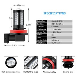 Yifengshun - Bombillas LED antiniebla H8 H9 H11 DRL 2800 lúmenes Xtreme Super Bright 5730 33-SMD de 12 V de repuesto para coches, camiones, 6000 K, color verde xenón