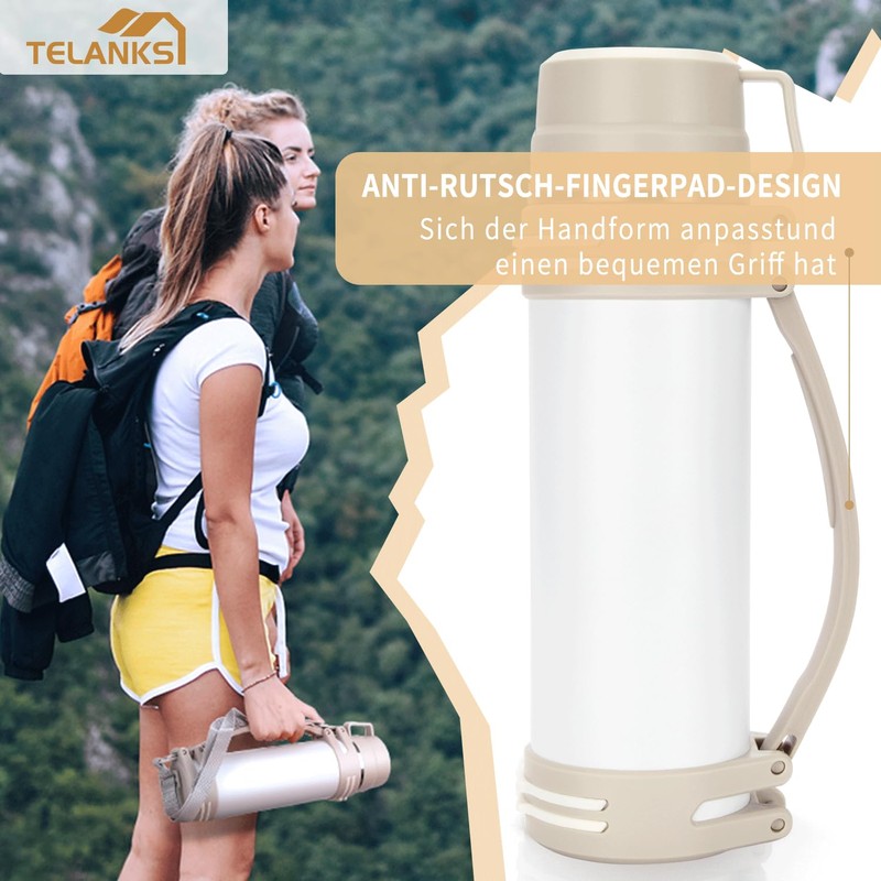 Thermos Flask 1.2 L, Thermos Flask with 2 Cups, Double