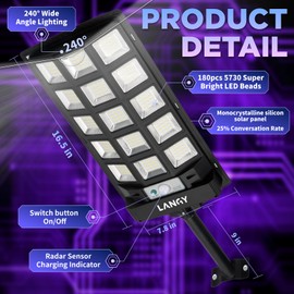 LANGY Solar Street Lights Outdoor Waterproof 4pcs, 6500K 60000LM Wide Angle Solar Powered Flood Lights with Motion Sensor & Remote Control, Dusk to Dawn Commercial Solar Outdoor Lights for Parking