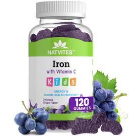 Natvites Kids Iron Gummies with Vitamin C - Delicious Grape Flavor - Energy & Blood Health Support - Gluten Free Non-GMO Vegetarian Children's Iron Supplement for Kids and Toddlers Age 2+ (120 Count)