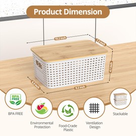 ZFTMRR Plastic Storage Baskets with Bamboo Lids, Stackable Storage Bins for Organizing Shelves Drawers Desktop Closet Playroom Classroom Office Home, Storage Containers 6 Pack 10.2x7.2x4.1 Inch, White