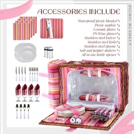 YPshuye Picnic Basket Set for 4 with Waterproof Blanket Mat Insulation Bag Wicker Pink Stripe Classic Fresh Gift for Christmas Thanksgiving Wedding Birthday Camp Outdoor Beach Travel