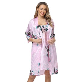 UrHot Women's Floral Satin Kimono Robe and Nightgown Set with Camisole 2 Piece Sleepwear Peacock Bathrobe