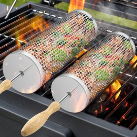 Vasitelan 2 Pcs Nesting Grill Baskets,304 Stainless Steel, Rolling Grilling Net, BBQ Accessories Tools for Vegetables Shrimp, Outdoor Cooking Camping (A Style)