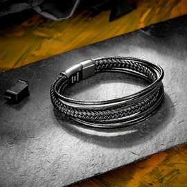 murtoo Men's Bracelet, Stainless Steel, Genuine Leather Bracelet, Natural Stone Braided with Magnetic Clasp., Stainless Steel