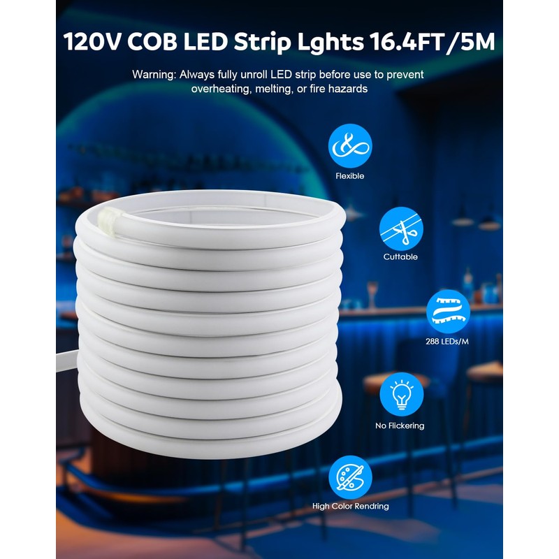 Aclorol COB LED Strip Light 110V 16.4ft/5M Blue LED Strip