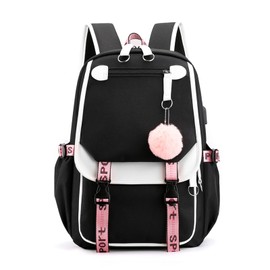 FANDARE Schulrucksack Mädchen Schulranzen Jungen Schultasche mit USB-Ladeanschluss Teenager Daypacks für Damen Universität Reisen Ergonomischer Kinder Schultasche mit Haarballen-Anhänger Schwarz