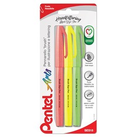 Pentel SES15C Brush Sign Pen Fluo, Flexible Fibre Tip, Ideal for Lettering, Calligraphy, Illustration Fluorescent Colours, Pack of 3