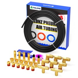 TAILONZ Pneumatic Black 1/4" OD 32 Meter 100ft PA12 Nylon Air Tubing Kits,Pipe Hose Air Line Tubing, Push-to-Connect DOT Brass Fittings (29PCS)