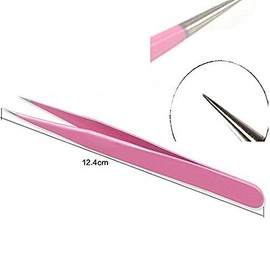 Onwon 2 Pcs Pink Stainless Steel Tweezers for Eyelash Extensions, Straight and Curved Tip Tweezers Nippers, False Lash Application Tools