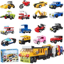 Mirthben 16 in 1 Baustein-Autoset, Baue 16 kleine Autos oder 1 riesiges Fahrzeugmodell, STEM-Bildungsspielzeug für Kinder ab 6 Jahren, Geschenk für Jungs und Mädchen