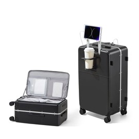 Hanke 24 Inch Checked Luggage,Top Opening Hard Shell Suitcases with Wheels,Hard Case Travel Luggage with TSA Lock and Cup Holder,Jet Black