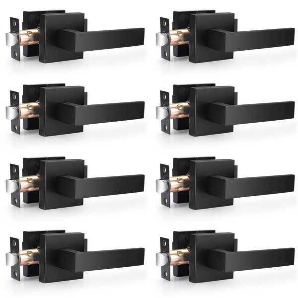 Probrico 8 Pack| Matte Black Passage Levers for Hall and Closet, Square Heavy Duty Interior Keyless Door Handles, Reversible for Left Right Sided Doors