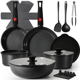 Pots and Pans Set Non Stick 21 PCs, Stackable Cookware Sets with Detachable Handle, Granite Induction RV Kitchen Portable Cooking Set Removable Handles, Dishwasher ＆ Oven Safe, Black