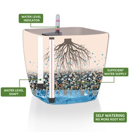 Dexceder 9x8 Self Watering Planter Indoor Outdoor, Inner Mat Design, Thickened Table Flower Plant Pot with Water Level Indicator (Taupe Matte)