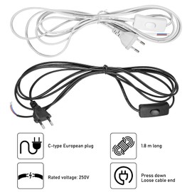 Pack of 8 Power Cable with Plug and Switch, 1.80 m Connection Cable with Euro Plug, H03VVH2-F2 x 0.75 mm², for Lights, Lamps, Bulbs (Black + White)