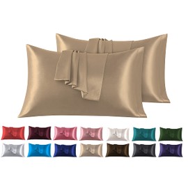Satin Cushion Cover, 40 x 80 cm, Pack of 2, 100% Satin, Super Soft Pillowcase, Light Brown
