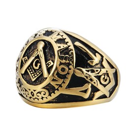SINLEO Stainless Steel Gold Plated Vintage Freemason Symbol Masonic Rings for Men Signet Biker Band Size 9
