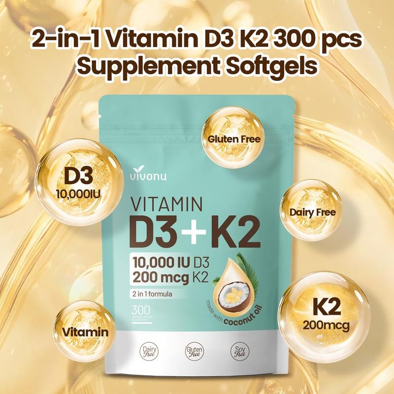 Vitamin D3 K2 Supplement Softgels | 300 Capsules | Natural
