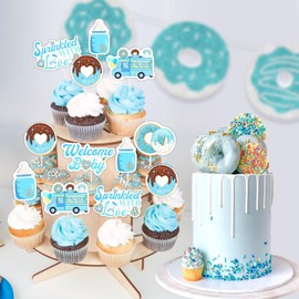 Jollyboom 36pcs Sprinkled With Love Cupcake Toppers, Baby Sprinkle Decorations for Boy Cupcake Toppers Donut Theme Baby Shower Decorations Double-Sided Printing Boys Gender Reveal Its a Boy Party