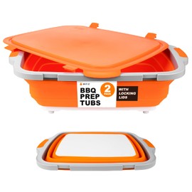 Drip EZ Collapsible BBQ Prep Tubs 2-Piece Set (V2) - For Meal Prep Marinating Food Storage - Includes Cutting Board & Lid - (1) OG + (1) XL - Orange