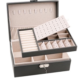 Yatinkim Jewelry Organizer Container for Women PU Leather Storage Case Lockable Double Layer Rings Earrings Bracelets Watch Necklace Display Box Gray