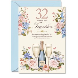 32nd Anniversary Card for Men Women - Floral Champagne - Happy 32 Year Anniversary Card for Husband Partner Wife Girlfriend, 5x7 Inch Wedding Anniversaries Greeting Cards