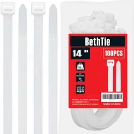 BethTie White14 inch Zip Ties Heavy Duty 50 PCS, 250 LBS Ultra Strong Plastic Wire Ties, Large Cable Ties Extra Long Tie Wraps, Indoor and Outdoor UV Resistant
