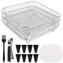 AKOLAFE 3 Pack Air Fryer Rack Square for Ninja, 8 Inch Stainless Steel Air Fryer Accessories 3 Layer Stackable Airfryer Rack Set Dehydrator Rack, Including 8 Silicon Feet, 200 Parchment Paper