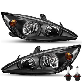 SOCKIR Halogen Headlight Assembly Compatible with 2002 2003 2004 Toyota Camry Replacement Headlamp Passenger and Driver Side, Black Housing with Clear Reflector w/Bulbs