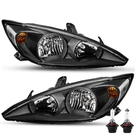 SOCKIR Halogen Headlight Assembly Compatible with 2002 2003 2004 Toyota Camry Replacement Headlamp Passenger and Driver Side, Black Housing with Clear Reflector w/Bulbs