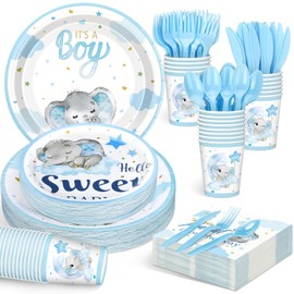Sliner 175 Pcs Baby Shower Decorations Tableware Gender Reveal Party Supplies Serves 25 Include Paper Plates Napkins Cups Disposable Dinnerware Set for Baby Shower Birthday Party(Blue Elephant)