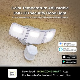 Home Zone Security Smart SMD LED Outdoor Flood Light, 3500LM, 3000-5000K Adjustable Color Temperature, Long & Wide 70’ x 240° Motion Sensor Detection, WiFi, Works w/Alexa & Google, Aluminum Heads