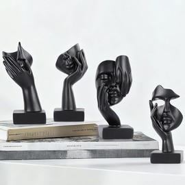 Juego de 4 figuras abstractas negras para decoración de estantes, decoración de soporte de televisión, decoración de mesa de café, escultura facial de resina dorada para sala de estar, escritorio