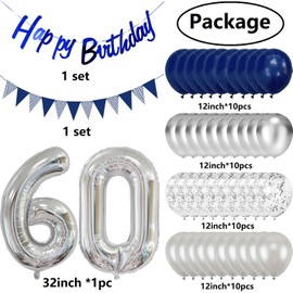 60th Birthday Decoration, Blue Silver Birthday Decoration, Happy Birthday Garland Balloons, 60 Dark Blue Silver Confetti Balloons for Men Women Birthday Party Decoration