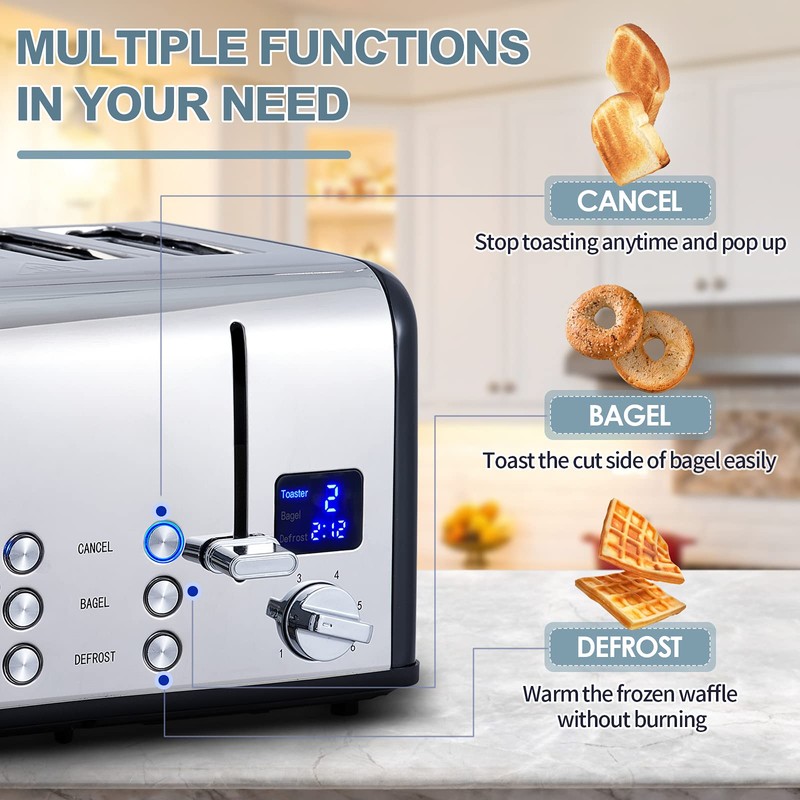 CUSIMAX 4 Slice Toaster, Stainless Steel, Ultra-Clear LED Display &
