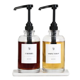 BEYTIFY Coffee Syrup Dispenser Set of 2 – 16.9oz 500ml Glass Syrup Bottles with Black Pumps – Glass Syrup Dispenser for Coffee Bar, Kitchen, Beverage Station – Includes 12 Flavor Labels