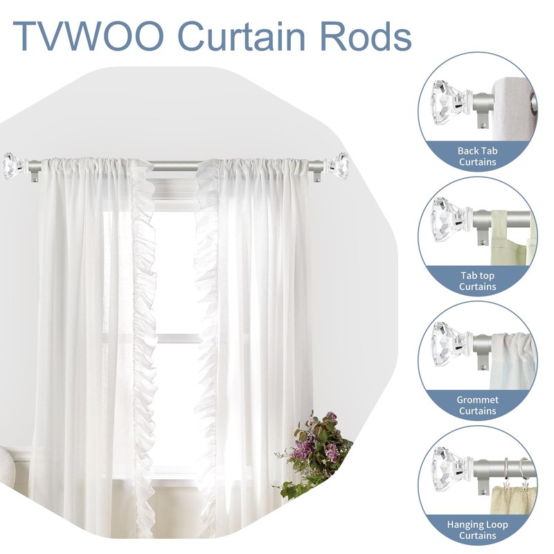 TVWOO Acrylic Crystal Silver Curtain Rod 18-45",Clear Bling Diamond Finials