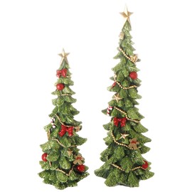 AAROND Decorated Christmas Tree Figurines in Glittered Green, Red and Gold -12 Inches and 9 Inches High