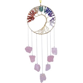 Nupuyai Handmade Raw Stones Wind Chime Tree of Life Gemstones Garden Decoration 7 Chakra Healing Crystals Hanging Ornament Room Decoration Rose Quartz Stone