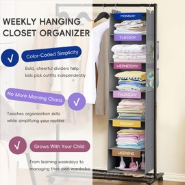 VERONLY Weekly Hanging Closet Organizer for Kids, 6-Shelf Clothes Storage with Labeled Days of The Week Monday Through Friday, Weekday and Weekend, Days of The Week Clothes Organizer