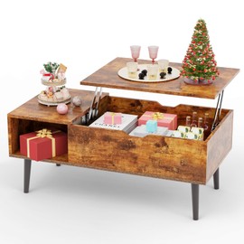 Sweetcrispy Coffee Table Brown, Lift Top Coffee Tables for Living Room, Small Rising Wooden Dining Center Tables with Storage Shelf and Hidden Compartment