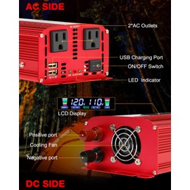 LVYUAN 1500W Car Power Inverter 12V to 110V DC to AC with 2 US Sockets, Cigarette Lighter, LCD Display, USB Ports for Car, Home, Truck, Outdoor, Camping