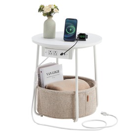 VASAGLE VASAGLE Side Table with Charging Station, Round End Table With Fabric Basket, Nightstand with Power Outlets USB Ports, for Living Room, Bedroom, Modern, Matte White and Camel Brown ULET228W01