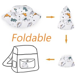 LO SHOKIM 2 Pack Dinosaur Baby Sun Hat Toddler Summer Sun Protection Beach Hat 3-6 Months Baby Wide Brim Bucket Hat UPF 50+ Infant Adjustable Cap (Navy Dinosaur+White Dinosaur, 42-44cm)