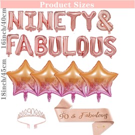 44 Pieces 90th Birthday Party Decorations Rose Gold 90 Years Old Birthday Ninety & Fabulous Sash and Tiara Latex Balloons Number 90 Balloons for Women Happy 90th Birthday Party Favor (Rose gold)