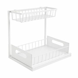 2 Tier Sink Base Cabinet Organiser Made of Metal, L Shape Kitchen Cabinet Organiser with Extendable Basket, Base Cabinet Shelf for Kitchen, Bathroom and Cleaning Products, 36 x 27 x 28 cm