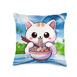 Frutiger Aero Aesthetic Tech Kawaii Ramen Cat Fishes Throw Pillow