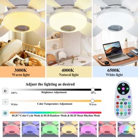Flarouch 4 in 1 Socket Fan Light with Remote, 18.5 inch Small Ceiling Fans with Dimmable Led Light, Bluetooth Speaker, 3 Colors, 3 RGB Mode, 3 Fan Speeds, Screw in E26 Base for Bedroom Kitchen -White